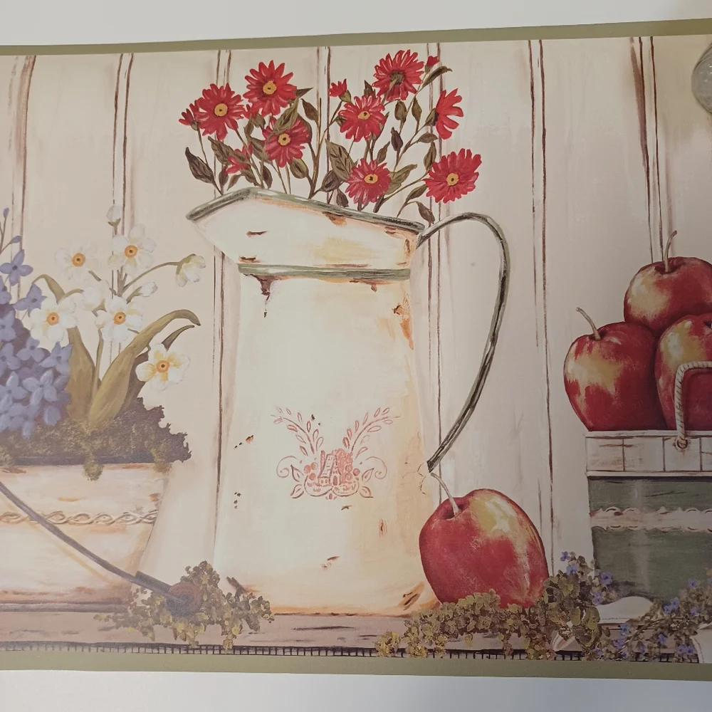 Wallpaper Border Vintage Pitcher Flower Vases & Apples